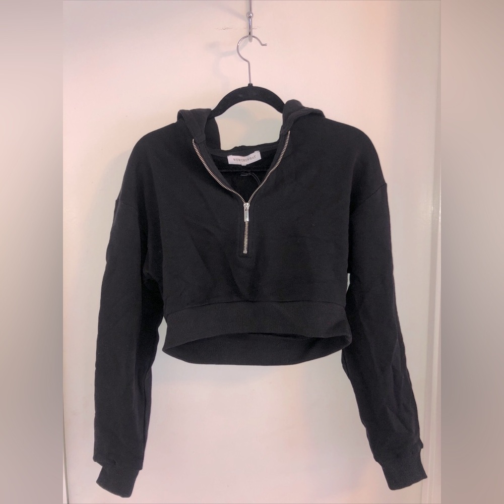WeWoreWhat Black Cropped Half Zip Hoodie Size Small Nwt $118